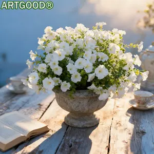 Outdoor Artificial Flowers for Exterior Decor 8 bundles of UV-resistant white plastic blooms paired with green eucalyptus stems. Lifelike appearance perfect for porch, patio, and terrace planters (White) Plastic Faux Flowers