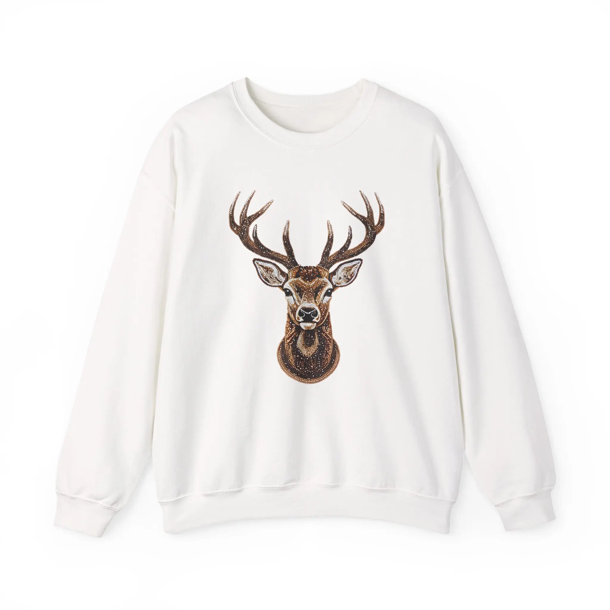 Men's Faux Glitter Deer Graphic Crew Neck Sweatshirt - Cozy Ribbed Knit Cotton-Blend Longsleeve Pullover, Embroidered Textured Menswear Top for Road Trips, Cold Wash Only, Do Not Dry Clean