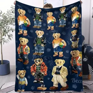 Teddy Bear Theme Blanket, Illustrative Design, Perfect for Young Adults, Kids' Sofa, Camping, Outdoor, Travel Airplane Cover, Birthday Gift, Lightweight Throw Blanket, Giftable Blankets