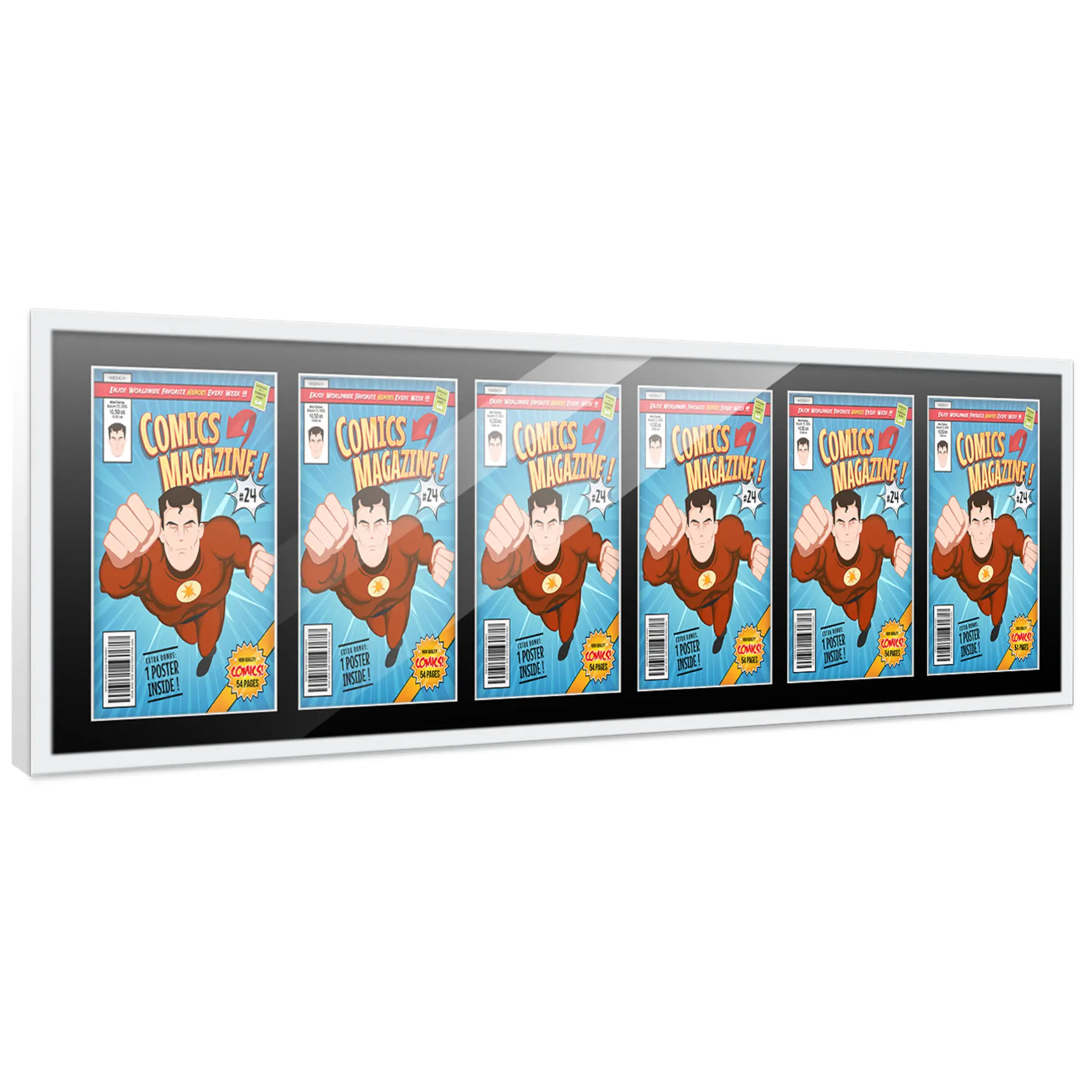 Comic Book Frame with Mat for 6 Bronze Age Comics Published Between 1970 and 1985 - White Wood Comic Frame With Black Mat for 7.25x10.5 Comics - 51x14 Frame Size