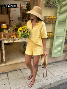 Vacation-Ready Knit Set: Women‘s Textured & Openwork Short-Sleeve Cardigan with Polo Collar, Fabric Buttons & Pockets + Relaxed Elastic Waist Shorts. A Chic, Casual, Comfortable and Fit Resort Wear Two-Piece Womenswear.