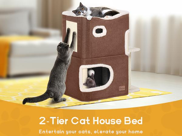 Yitahome 2-Tier Cat House, Indoor Cat Cave Bed Playhouse, Cat Tunnels with Scratch Pad and Hideaway Cube, Cat Condo Furniture for Multi Small Cats
