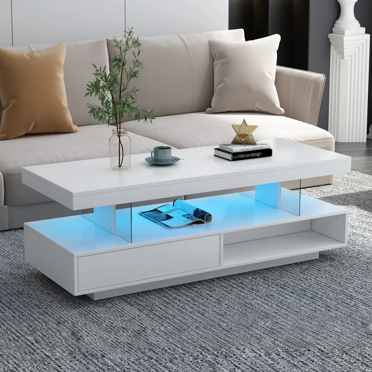 LED Coffee Table with Storage, Modern Center Table with 2 Drawers & Display Shelves / Lift-Top with Glass Top – White/Black