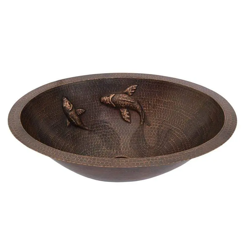 Oval Under Counter Hammered Copper Bathroom Sink with Koi Fish Design