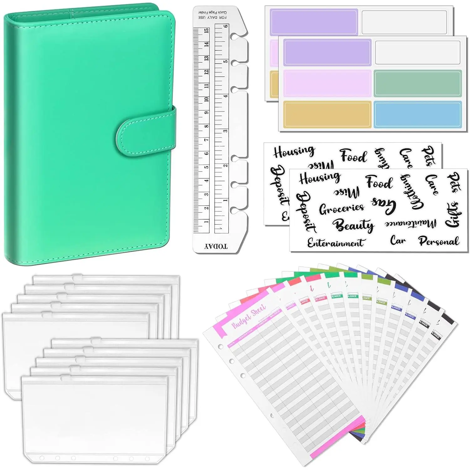 A6 PU Leather 6-Ring Bill Organizer Planner - Savings Tracker Organizer with 8 Envelopes, 29-Category Letter Stickers, 12 Sheets, 12 Label Stickers, 1 Ruler Bookmark for Monthly & Daily Planning, Monthly Budget Planner