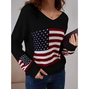 American Flag Print V Neck Sweater, Casual Long Sleeve Sweater For Spring & Fall, Women's Clothing