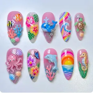 Handmade 3D Ocean Life Press On False Nails - Pink Glitter Whale, Dolphin, Octopus Sea Creature Art, Whimsical Mermaid Style Nail Art Decorations