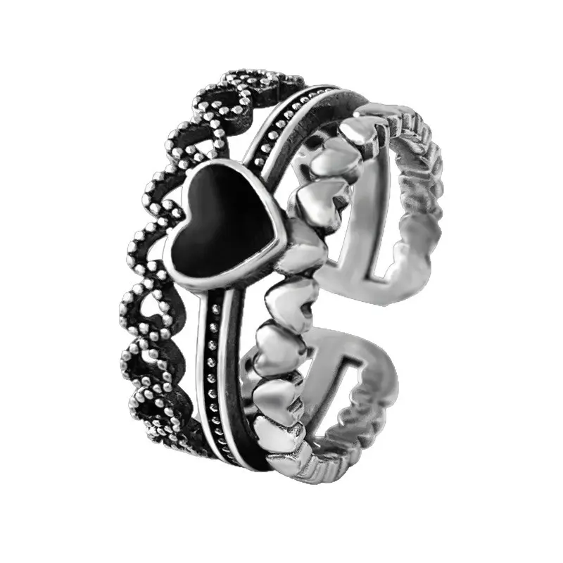 Fashionable multi-layer stackable bead heart-shaped adjustable ring black heart-shaped cube ring