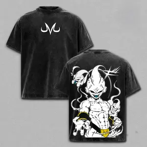 Majin Buu Vintage Washed T-Shirt, DBZ Majin Double Printed Graphic Tee, Oversized Unisex Streetwear, Soft Cotton Top Outfit for Men, Casual Menswear Gift for Anime Fans  For custom printing, please contact customer service.