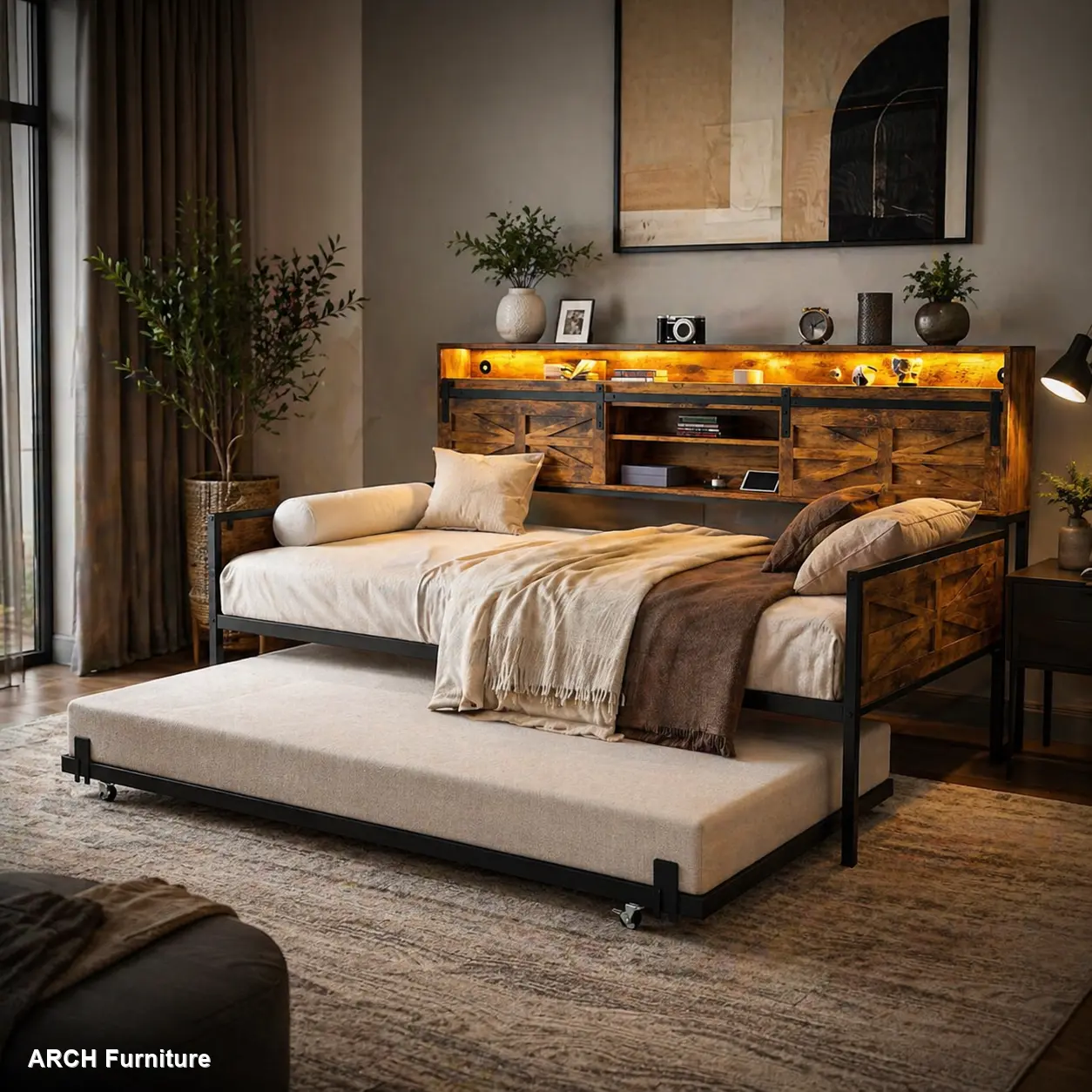 Rustic Brown Arch Twin Daybed with Trundle - Farm Style Bedframe, Metal Bed Frames, Sliding Barn Door Headboard, Sliding Shelf Doors, USB Charging Port Station, LED Light, Sofa-Bed Mode, Bedroom Furniture, Storage Solution