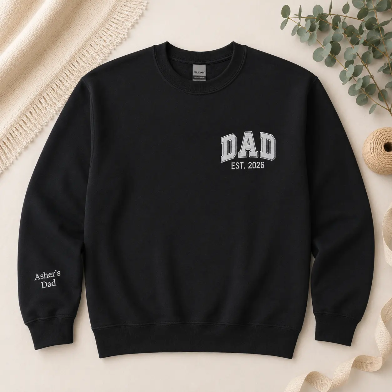 Custom Embroidered Dad Sweatshirt & Hoodie, Name On Sleeve With Heart, Fathers Day Gift, Gift For New Daddy, Dad Est Year, Minimalist New Dad Gift