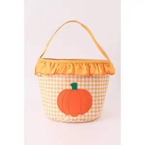 Pumpkin applique checkered ruffle candy bucket