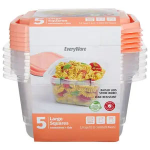 EveryWare Large Square Food Storage Containers with Lids Set of 5 Orange Raised Lids Leak Resistant 5.2 Cups 1.2 L 5 Units 10 Pieces