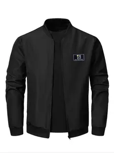 Men's Solid Patched Zip Up Sports Bomber Jacket, Regular Fit Casual Long Sleeve Baseball Collar Outerwear for Outdoor Activities, Fashion Men's Sports Clothes for All Seasons, Athletic Jackets