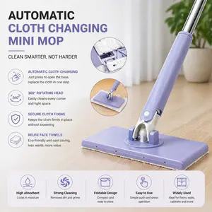 Automatic Cloth Changing Mini Mop,Hands-Free Mini Mop Compatible With Face Towels,Hand-Free Wash Rotating Mop,Push-Pull Handle Design Mop,Wet Dry Mops For Floor Cleaning,With 2 Cloth (27.55 in)