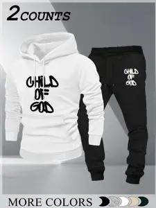 Trendy Religious Two-Piece Set, Child of God Print Fitted Knit Hoodie & Drawstring Pants, Streetwear Faith-Themed Clothing, Casual Daily Wear