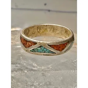 Turquoise chips ring Zuni coral wedding band size 6 sterling silver women