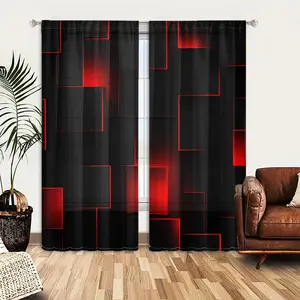 2D Flat 2Pcs Modern Gaming Red Black Curtains Geometric Pattern Window Drapes Heat Resistant Semi Shading Panels Rod Pocket Style For Living Room Bedroom Gamer Home Decor Cool Gift Treatment