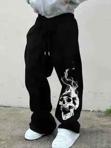 Men's Casual Sporty Long Pants, Skull Smoke Print, Drawstring Wide Leg, Home & Outdoor Streetwear, All-Season Loose Fit, Sports Casual Pants