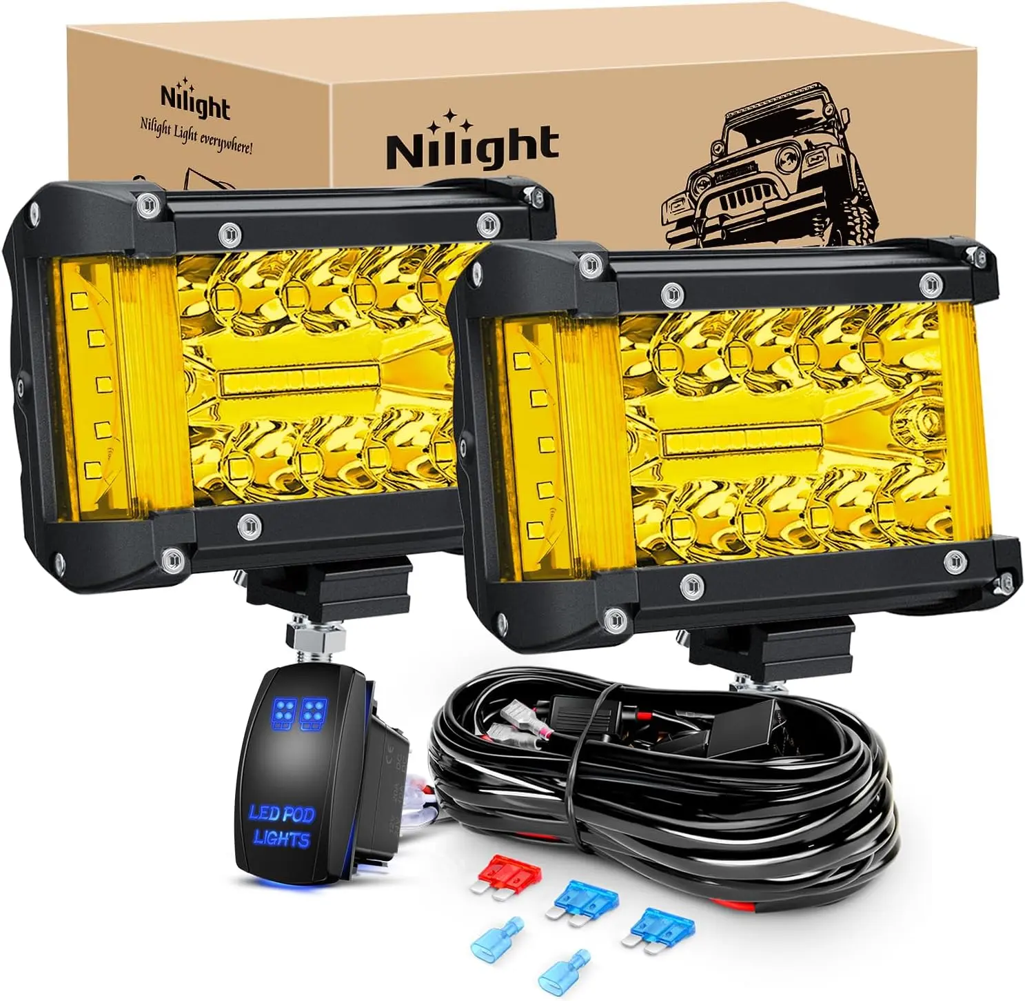 Nilight Side Shooter LED Light Bar, 2PCS 4.3in Triple Row Spot-Flood Combo Yellow Beam Work Lights with 5-Pin Rocker Switch Wiring Harness Kit, Off-Road for Trucks, SUVs, Work Light