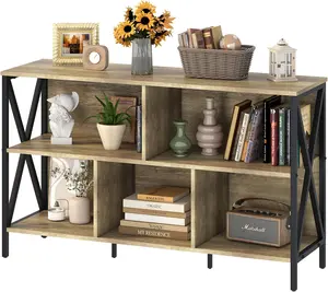 Horizontal Bookshelf,Industrial Modern 5 Cube Low Wide Cubby Bookcase,Long  and Metal Storage Organizer Open Shelf, Short Book Shelf Bedroom Storage for Home Office Living Room(Rustic Oak,5 Cube)