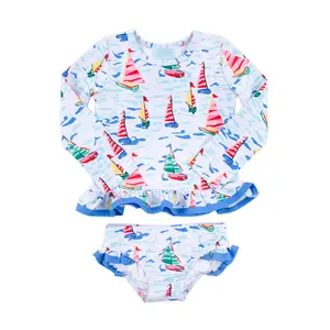 Watercolor Sailboat Rash Guard Set - 2Pc Long Sleeve Swimsuit for Girls