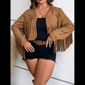 Plus Fringe Trim Open Front Suedette Jacket, For Winter