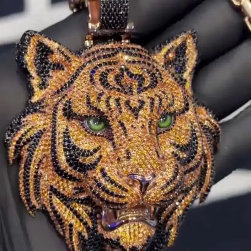 Bold 3D Tiger Head Pendant, 3-Inch Iced Out Synthetic Moissanite Statement Piece with Green Eyes and Black Accents, Synthetic Moissanite Pendant