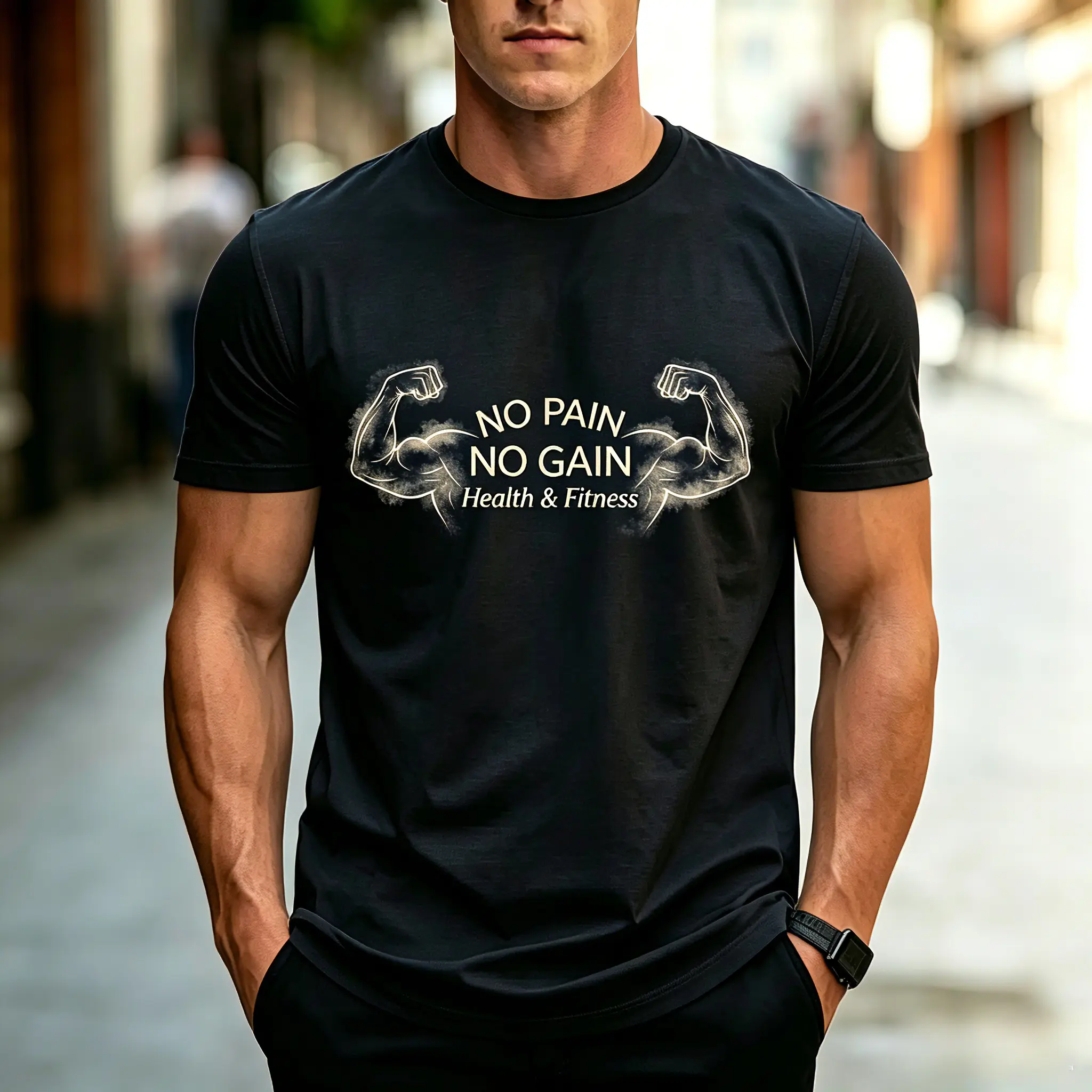 Men Black Cotton Crew Neck T-Shirt, No Pain No Gain Smoke Muscle Arm Fitness Motivational Front Chest Print Graphic Tee, Gym Workout Training Athletic Top Gift For Weightlifters & Fitness Lovers，Bodybuilding graphic shirt，Gift for weightlifters men
