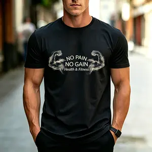 Men Black Cotton Crew Neck T-Shirt, No Pain No Gain Smoke Muscle Arm Fitness Motivational Front Chest Print Graphic Tee, Gym Workout Training Athletic Top Gift For Weightlifters & Fitness Lovers，Bodybuilding graphic shirt，Gift for weightlifters men