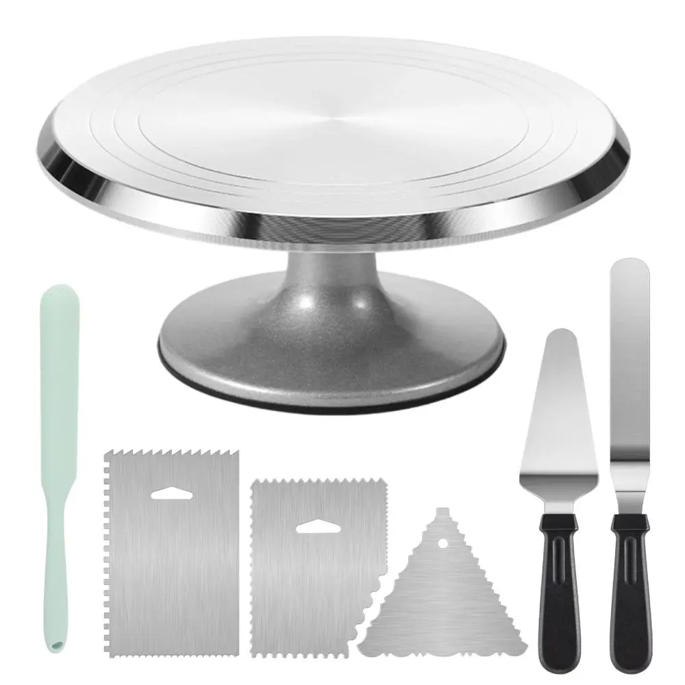 1Set Aluminium Cake Turntable Set, Baking Tools with Revolving 12" Cake Stand for Decorating, 12.7" Offset Spatula, 3 Stainless Steel Frosting Icing Smoother, Cake Serve Cake Decorating Kit Supplies