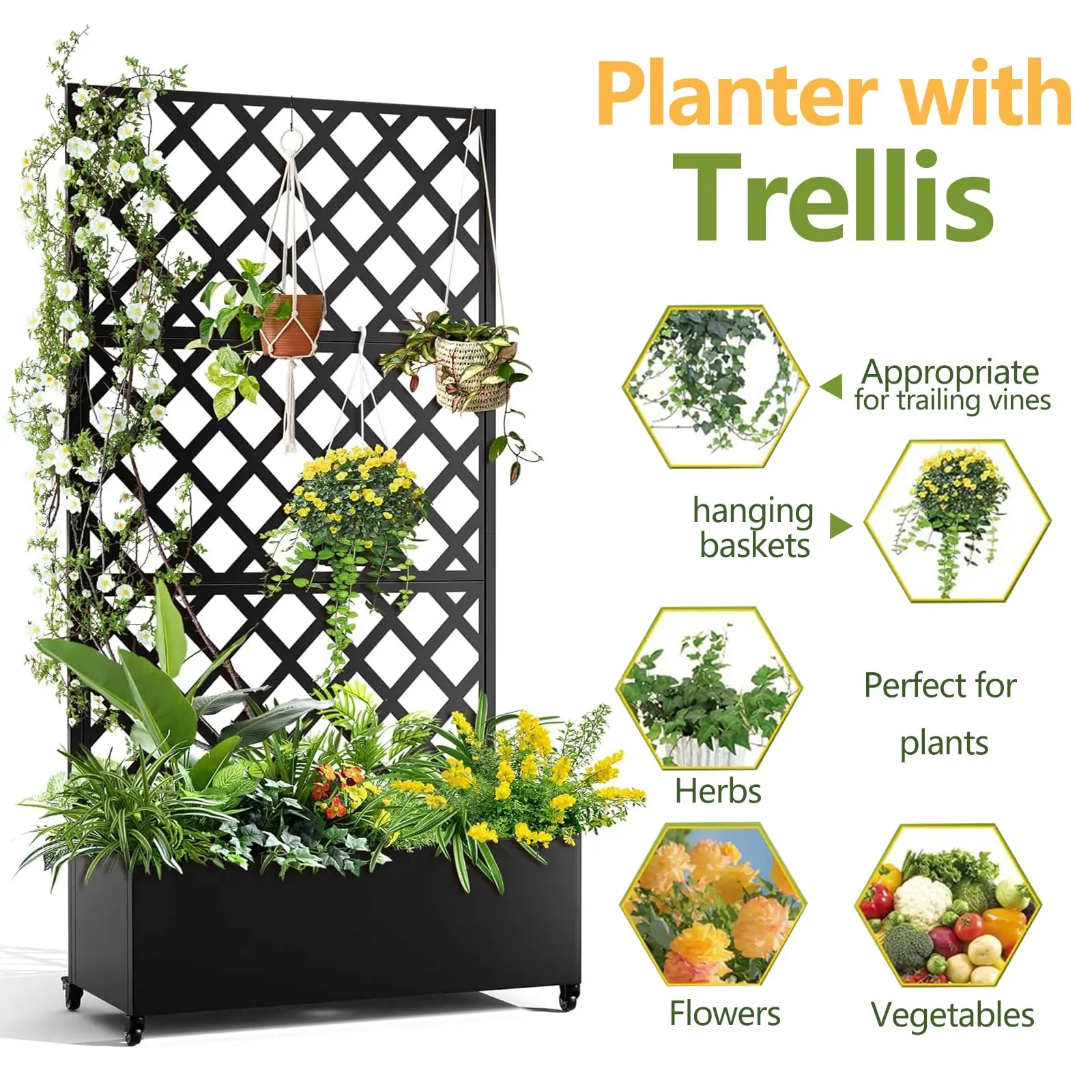 72 in x 47 in Black Galvanized Metal Planter Box with Diamond Lattice Trellis, Wheeled Raised Garden Bed, Deep Bed with Efficient Drainage for Climbing Plants, Balconies