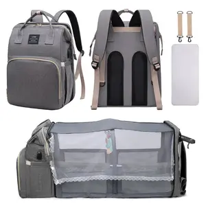 Foldable Diaper Bag Backpack with Bed, Multifunctional Baby Diaper Bag with Insulate Pocket, Diaper Changing Station for Boys Girls, Large Capacity Travel Baby Bag for Mom Dad