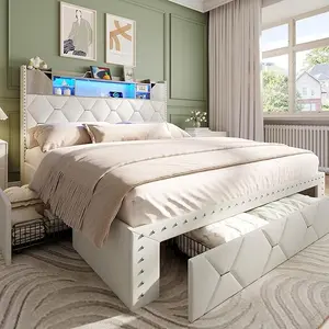 Vabches Queen Bed Frame with Storage Headboard and 3 Drawers, Upholstered Platform Bed Frame with LED Lights and Charging Station, 3-Tier Shelves, Rivet Trim, No Box Spring Needed, Noise Free