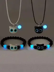 4pcs Glow-In-The-Dark Cat Fashion Jewelry Set, Adjustable Elastic Beads, Vintage Bohemian Style, Perfect Gift for Couples/friends