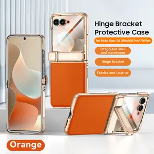 New Electroplated Hinge Full-Body Protective Case with Built-in Kickstand, Front Screen Tempered Glass, Shockproof Cover for Motorola Razr 70 Ultra / 60 / 50 Ultra