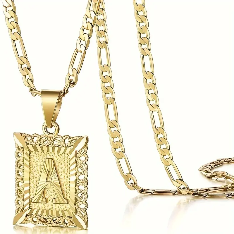 Plated Letter Pendant Necklace - Unisex Design, Square Figaro Chain with Exquisite Decoration, Suitable for Daily Wear or Gift Giving, Polished Surface |   Golden Letter Necklace