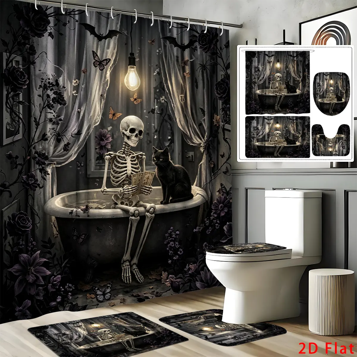 Ahty 2D Flat, 4pcs Gothic 2D Bathroom Set, High-Quality Bathroom Decorations And Additions Including Non-Slip, U-Shaped, Toilet Seat, And Shower Curtain with 12 Hooks