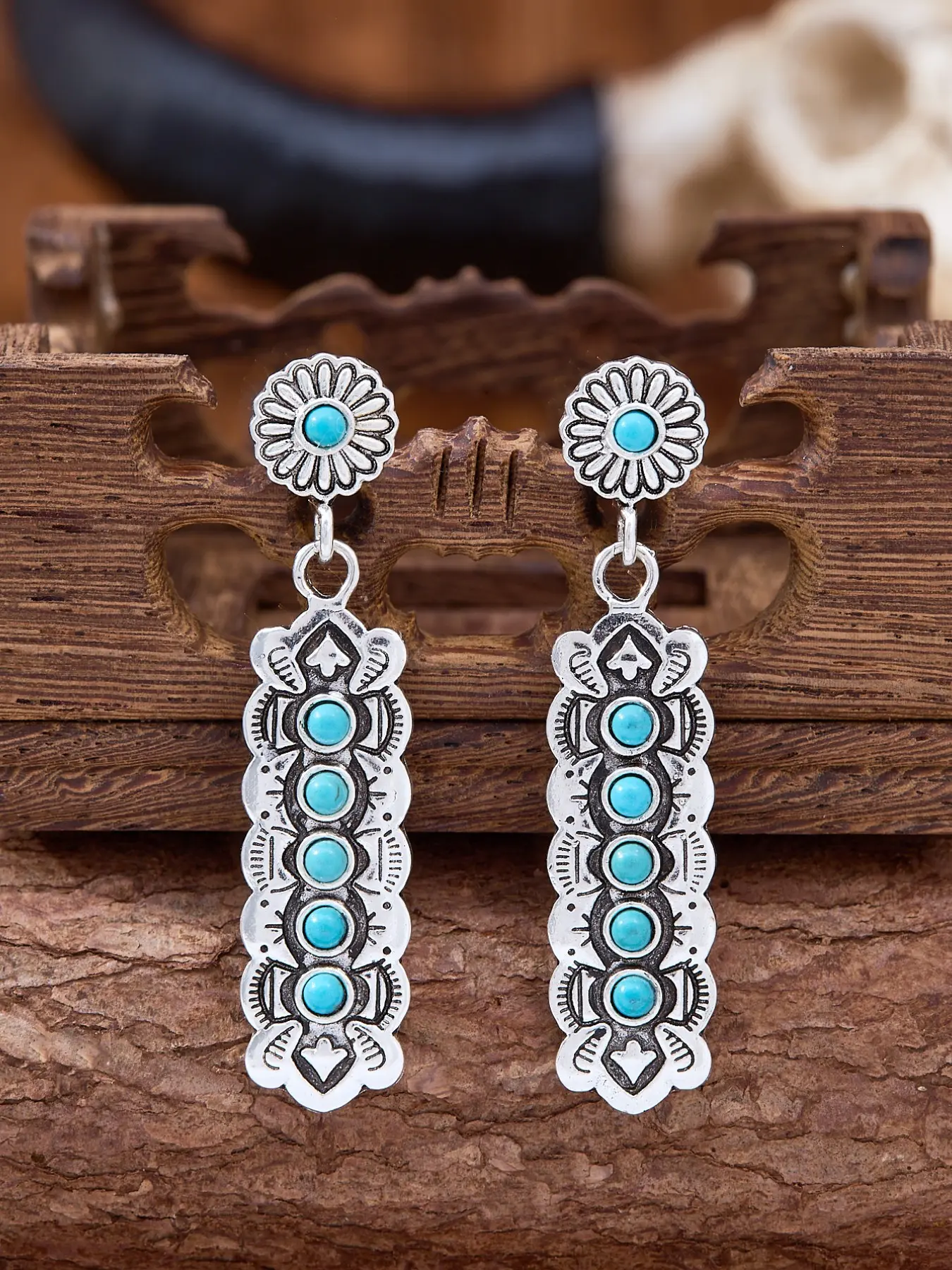 Vintage Boho Elegant Long Striped Carved Turquoise Dangle Statement Jewelry Earrings, Unique Bohemian Ethnic Style Turquoise Earrings with Craftsmanship, Perfect for Daily Gatherings, Festive and Party