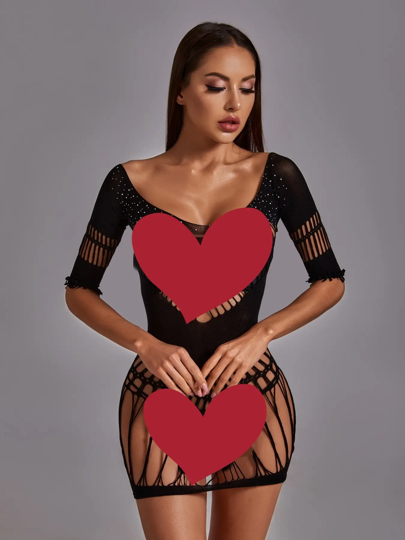 Plus Size Women's Cross Neck Hollow Out Fishnet Bodysuit, Slimming See Through Bodystocking, Perfect for Club Party & Night Date