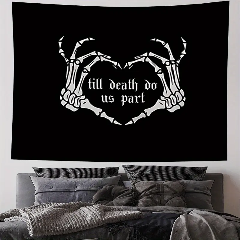 Gothic Romance Skeleton Hands 'Till Death Do Us Part' Tapestry Wall Hanging - Peach Light Beige Fabric, Black & White Gothic Decor for Bedroom, Dorm, Wedding - 40*60INCH, Easy to Hang Lightweight