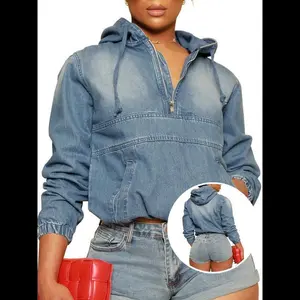 [S-5XL] Women's Half Zip Denim Hoodie Pullover Jacket Jean Tops Casual