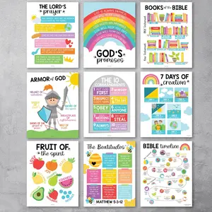Colorful Rainbow Bible Posters | Set of 9 | Sunday School Classroom Art Stickers Visual Learning Tools