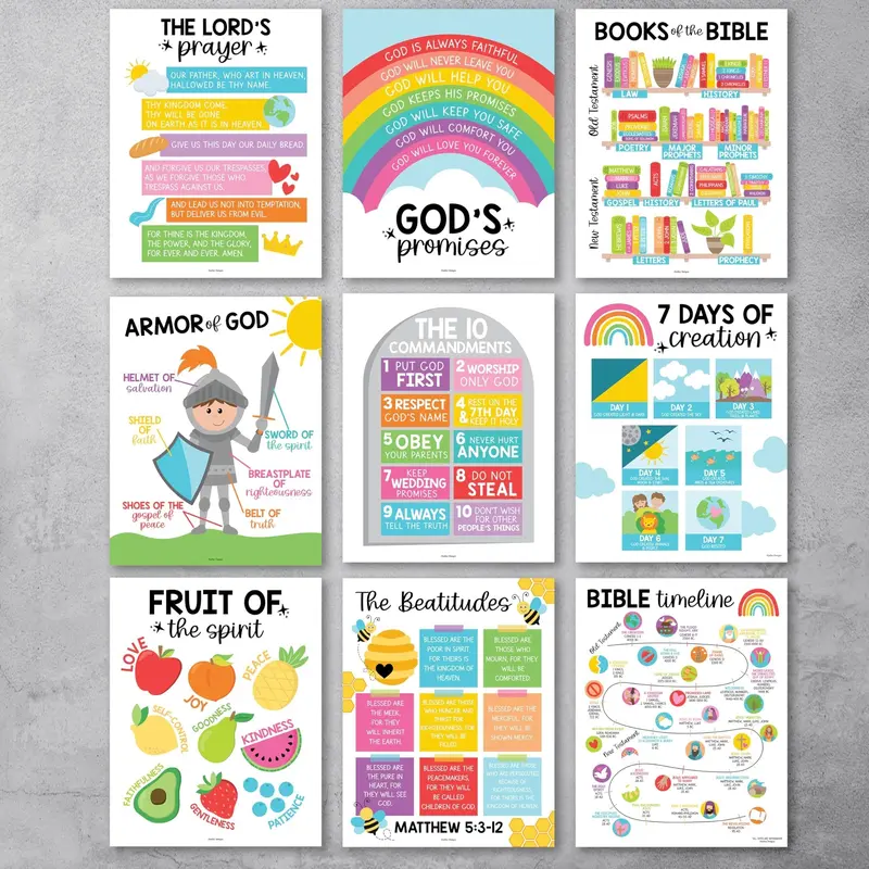 Hadley Designs 11x14 in Bright and Colorful Rainbow Bible Posters (Set of 9) - Family-Owned Business, Engaging Religious Home Decor, Middle & Elementary School Visual Learning Tools