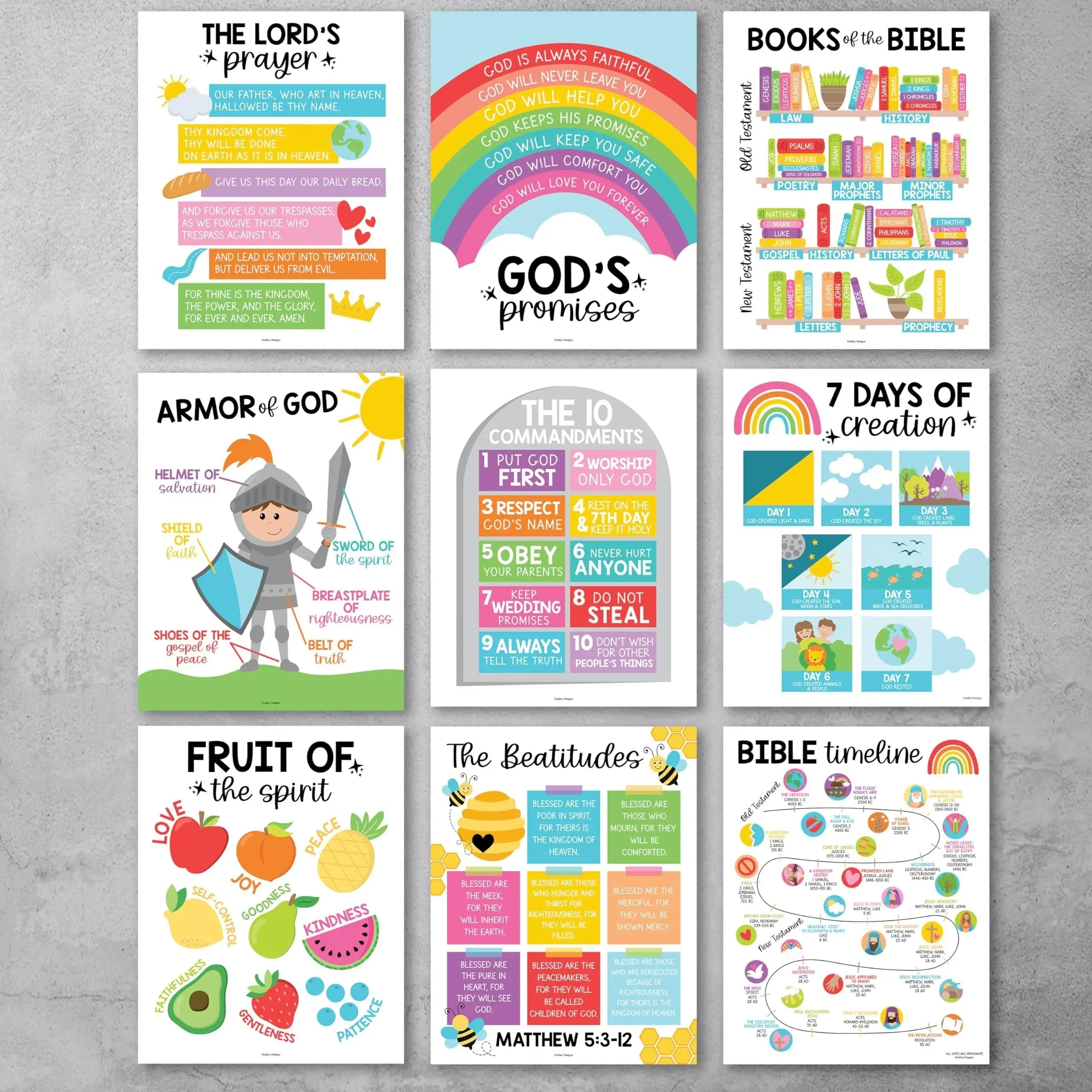 Colorful Rainbow Bible Posters | Set of 9 | Sunday School Classroom Art Stickers Visual Learning Tools
