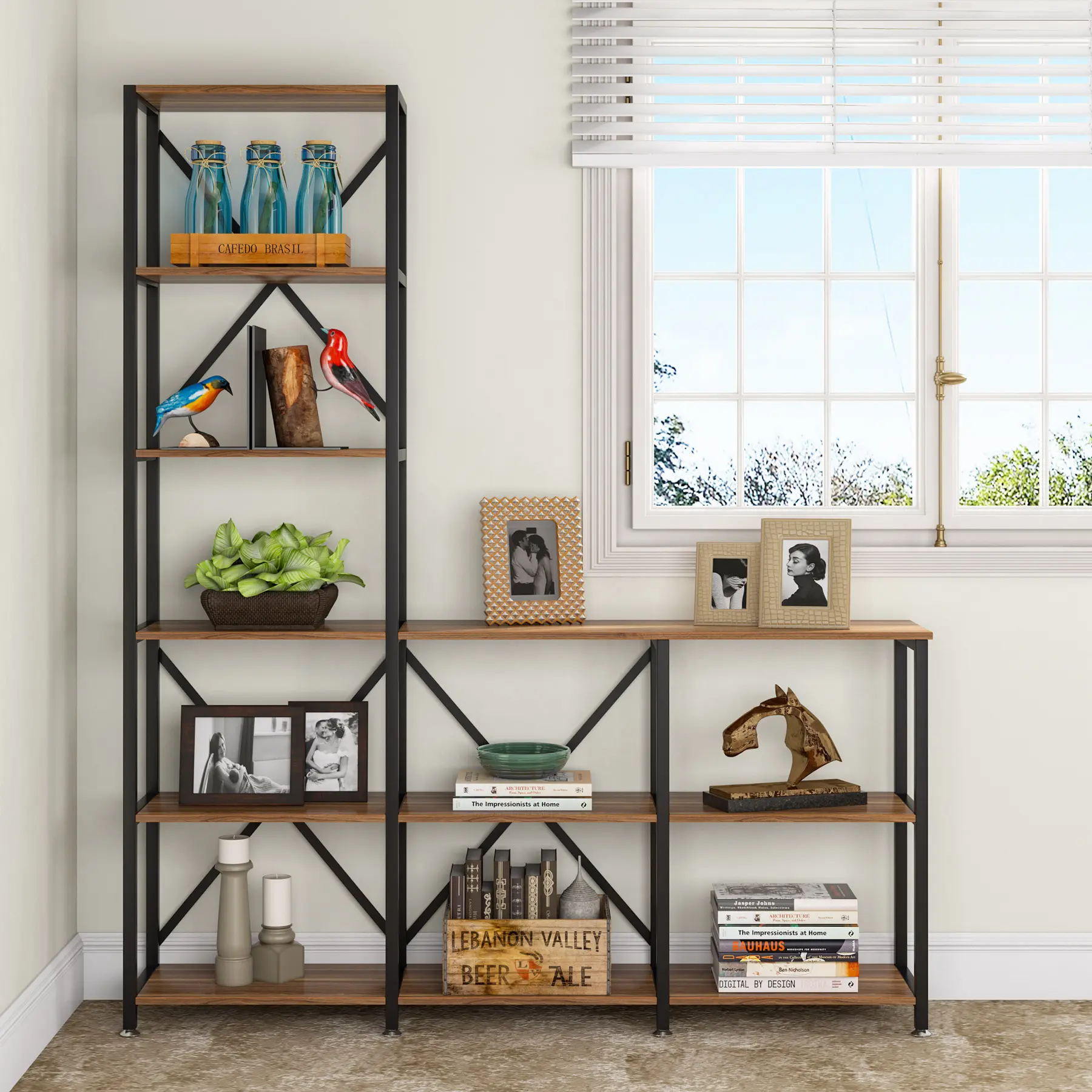 Tribesigns 9 Shelves Bookshelves, Industrial Ladder Corner Etagere Bookcase, Rustic 6-Tier Display Open Shelf Storage Organizer for Living Room