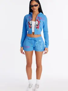 Ed Hardy Pink Flame Skull Fleece Short Set - Blue