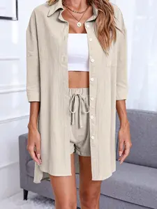 A set of women's casual Fitted solid color shirts, suitable for all seasons, suitable for home, indoor, and outdoor wear, Womenswear, Outfits