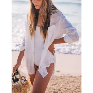 Women's Button Front Cover Up Shirt, Casual Long Sleeve Pocket Collared Top for Beach, Holiday, Vacation, Clothes for Women, Lightweight Swimwear Layer for Spring & Summer, Cover Ups Womenswear