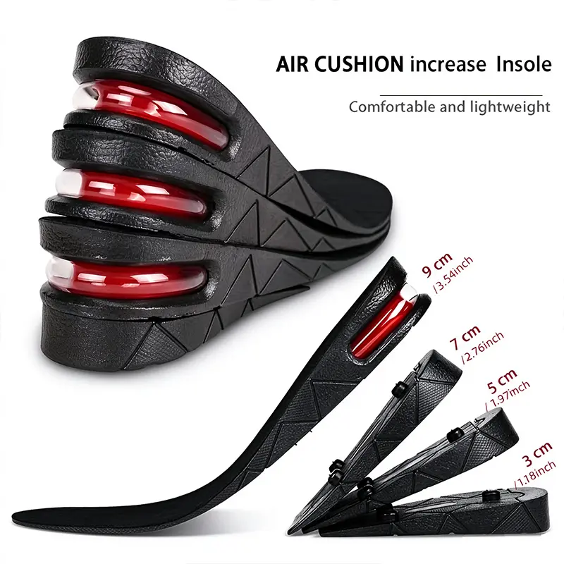 Unisex adjustable height insoles, 3–9 cm invisible height increase, heel height adjustable, foot support moisture-wicking pads, lightweight breathable memory foam material, seamless low-profile design, non-slip sole, compatible with dress shoes, sneakers,